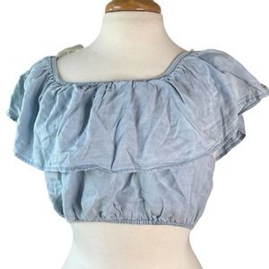 Blue Ruffle Crop Top Off Shoulder Frilly Crop Top Size L, Illa Illa, Pitaya